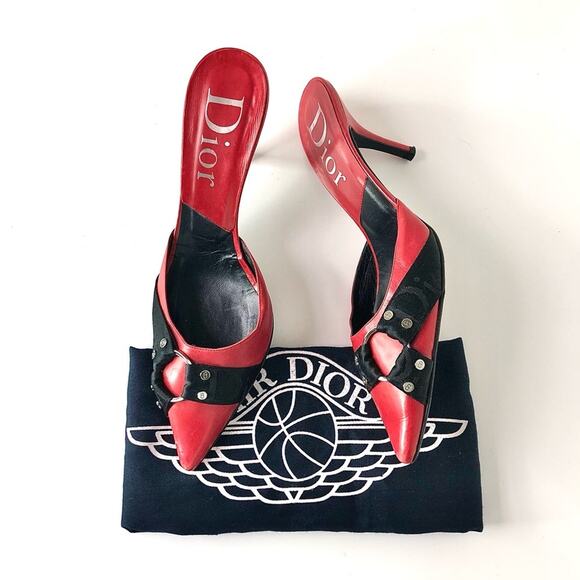 Dior Retro Vintage Red CD Logo Pointed Toe Slip On Mules Slides Pumps 38.5 - Picture 1 of 12